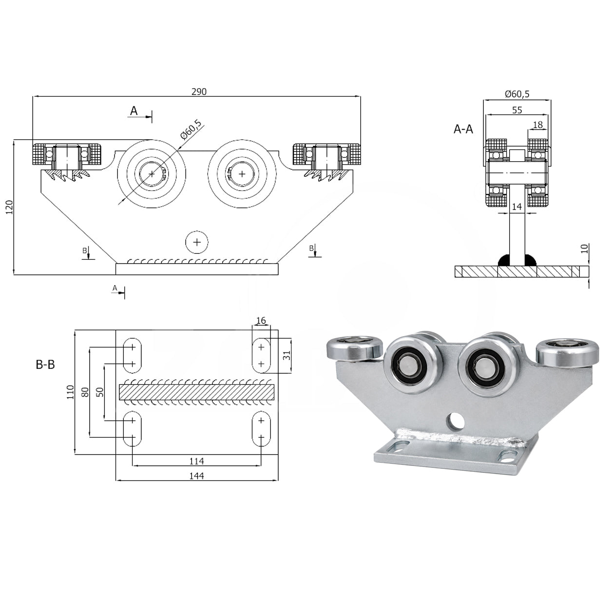 Torwagen für Schiebetore - für Profile 70 x 70 mm - Wandstärke 4 mm: 6MM-70