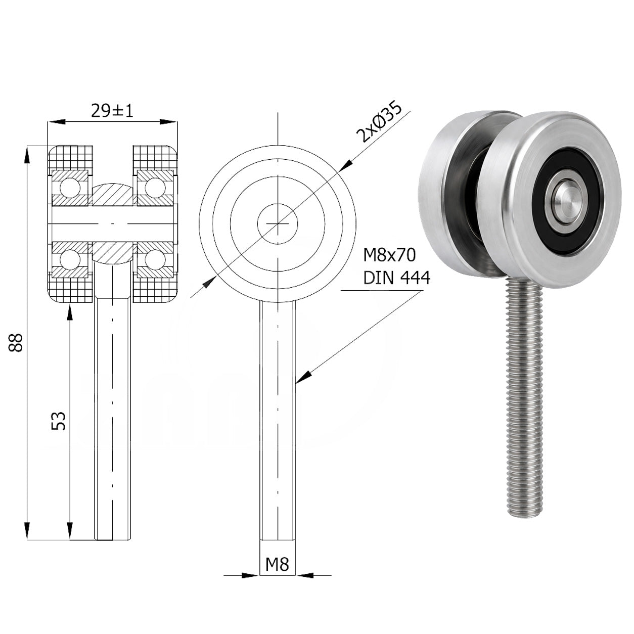 Torwagen für Schiebetore - für Profile 40x40 mm - Wandstärke 2 mm: P-2M-40/M8