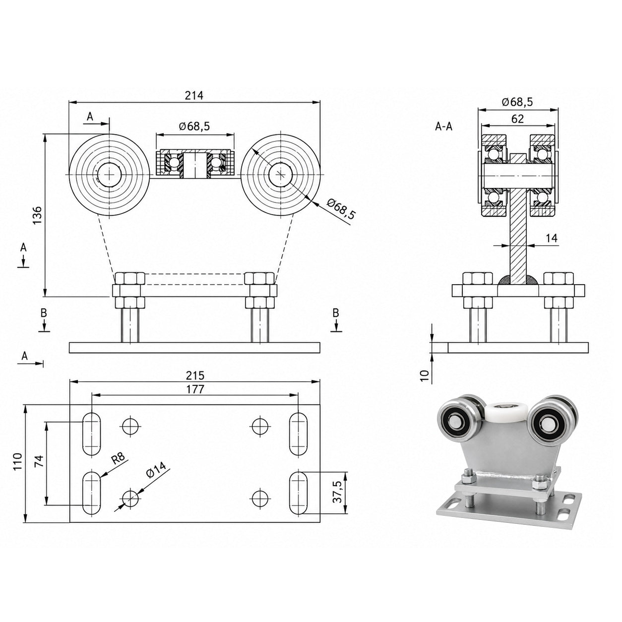 Torwagen für Schiebetore - für Profile 80 x 80 mm - Wandstärke 5 mm: R-5M-80
