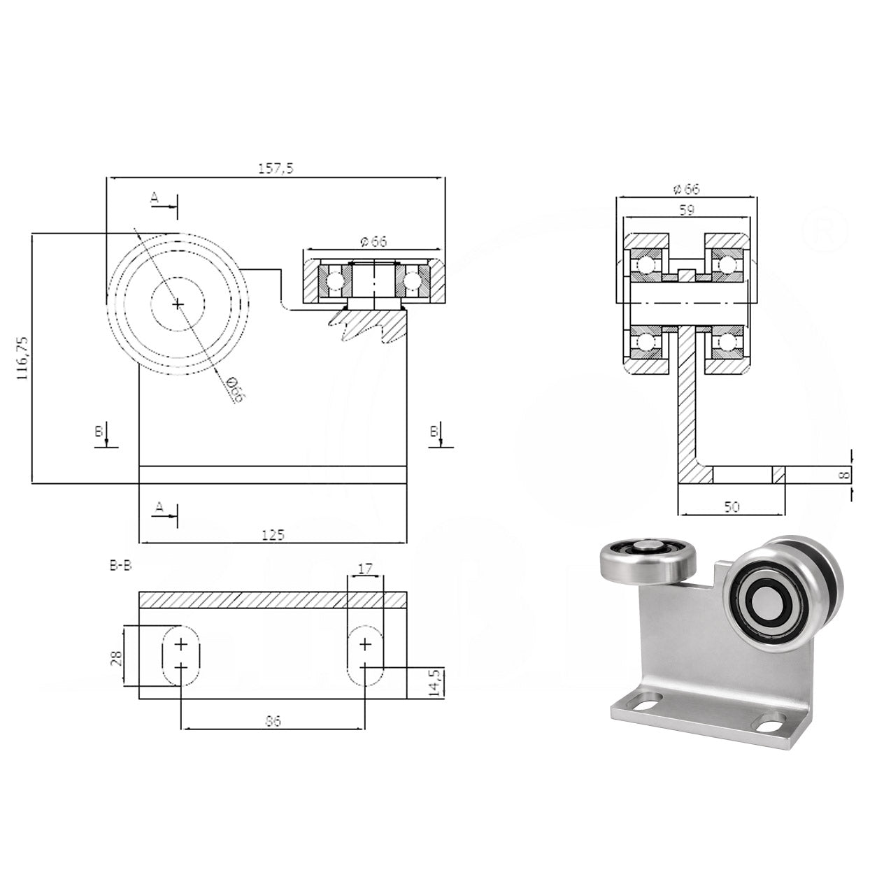 Torwagen für Schiebetore bis 180 °C – für Profile 80 × 80 mm – Wandstärke 5 mm: P-3M-80E