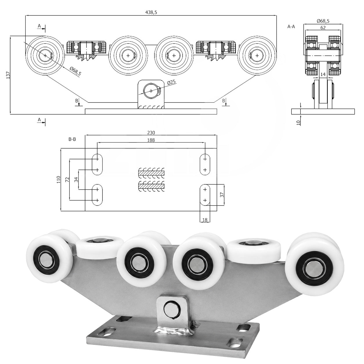 Torwagen für Schiebetore - für Profile 80 x 80 mm - Wandstärke 5 mm: W-10T-80