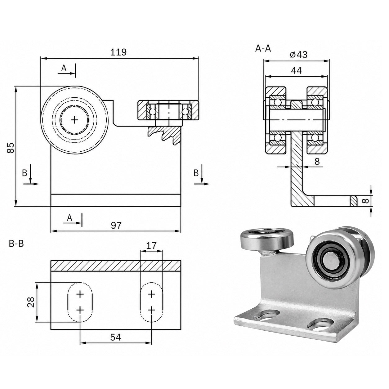 Torwagen für Schiebetore bis 180 °C – für Profile 60 × 60 mm – Wandstärke 4 mm: P-3M-60/4E