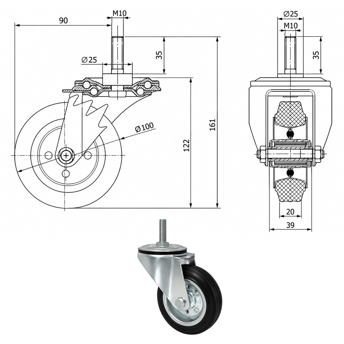 Metall-Gummiräder mit Befestigungsstift Lenkrollen Lenkrollen Ø100 mm Code: 14*M10