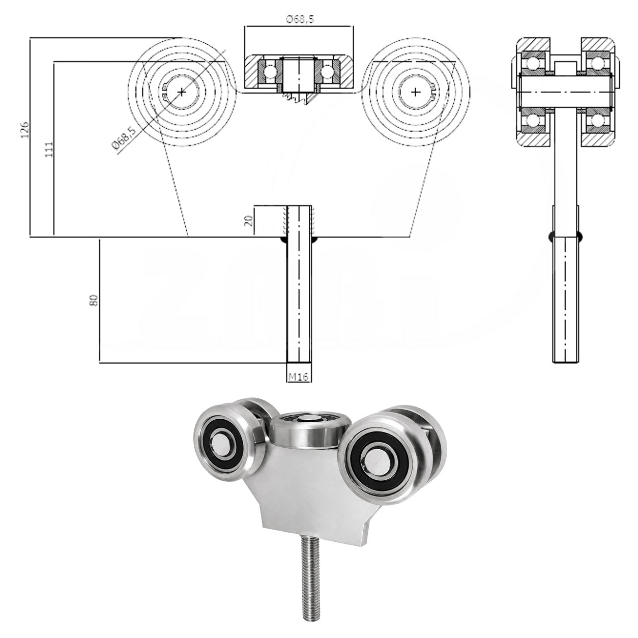 Torwagen für Schiebetore - für Profile 80 x 80 mm - Wandstärke 5 mm: G-5MM-80/M16
