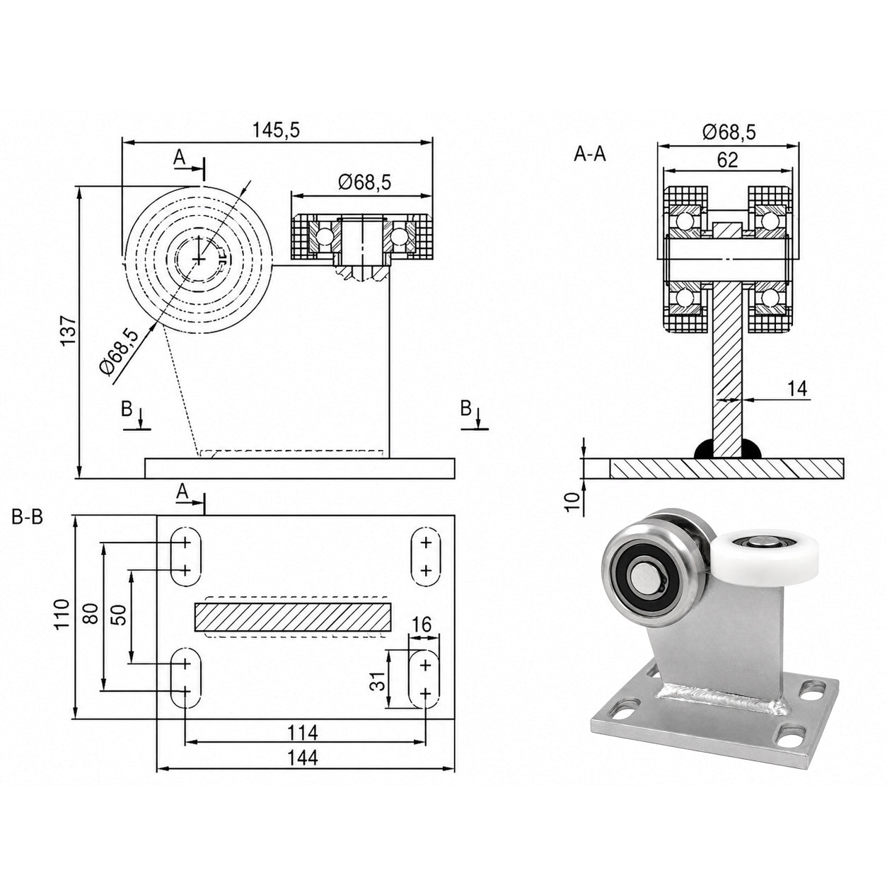 Torwagen für Schiebetore - für Profile 80 x 80 mm - Wandstärke 5 mm: 3M-80