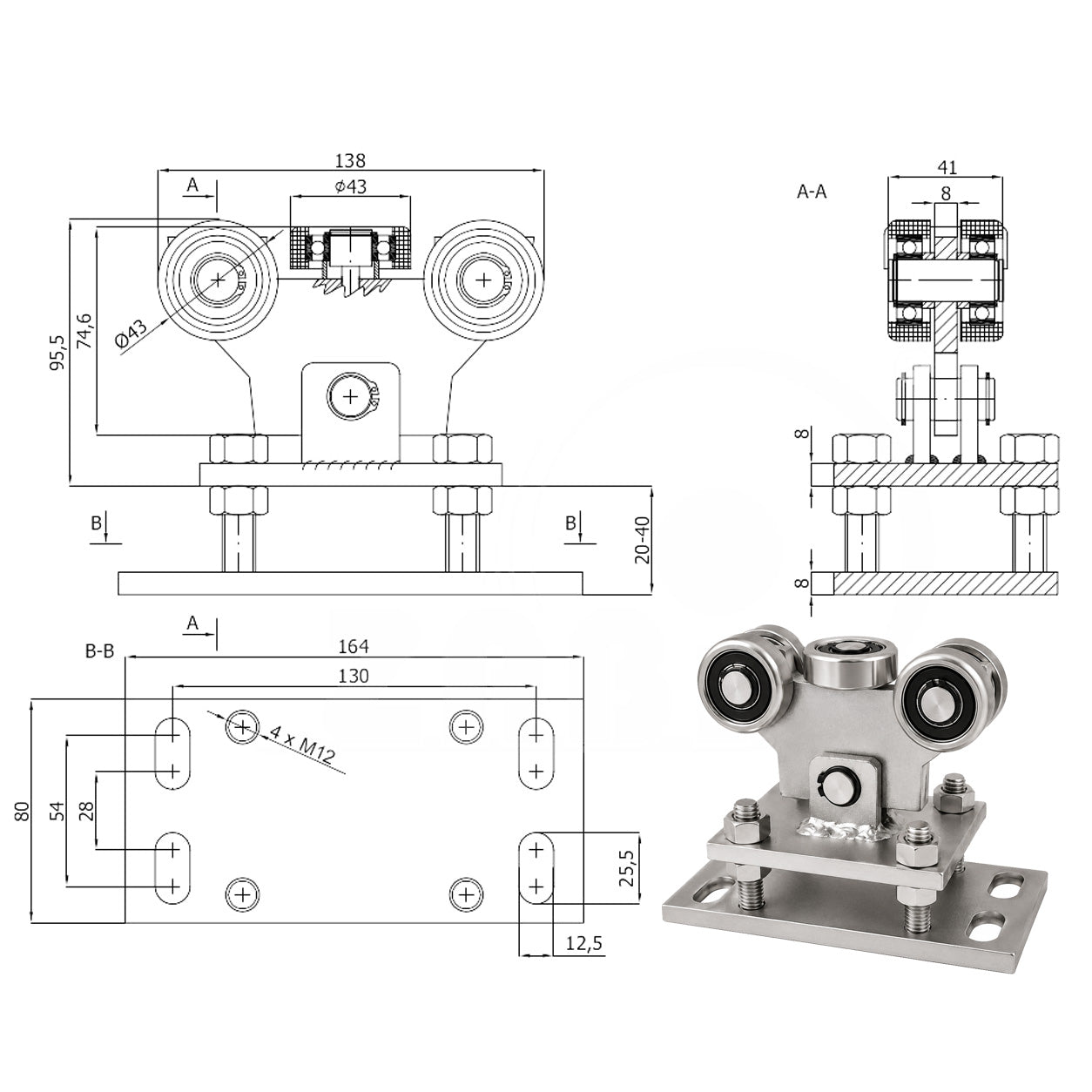 Torwagen für Schiebetore - für Profile 50x50 mm - Wandstärke 2,5 mm: WR-5MM-50