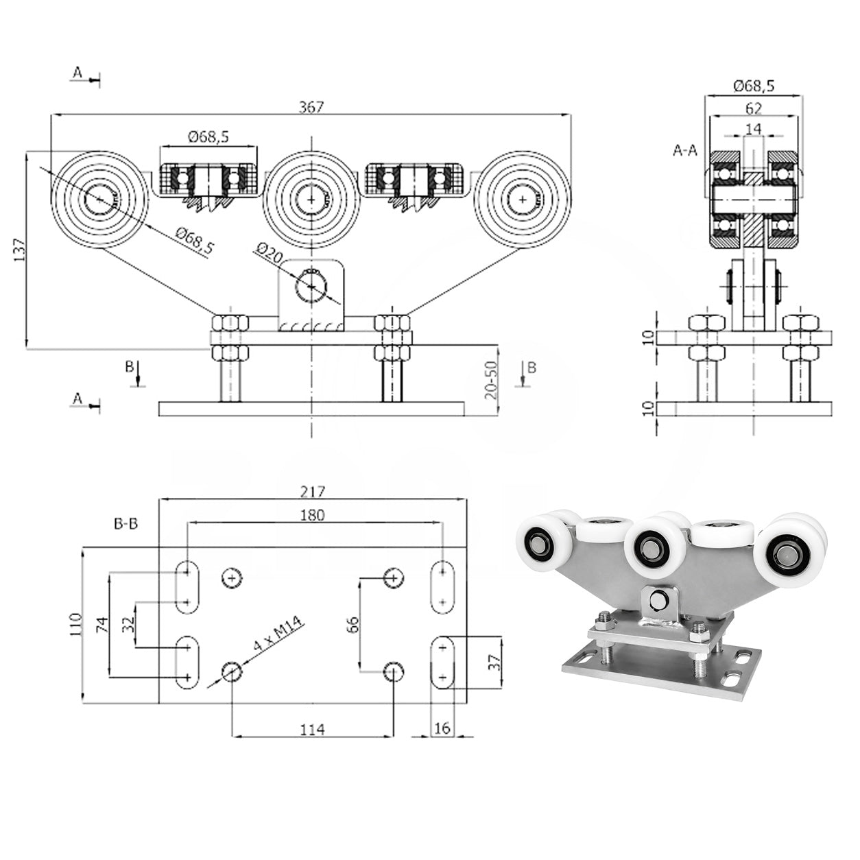 Torwagen für Schiebetore - für Profile 80 x 80 mm - Wandstärke 5 mm: WR-8T-80