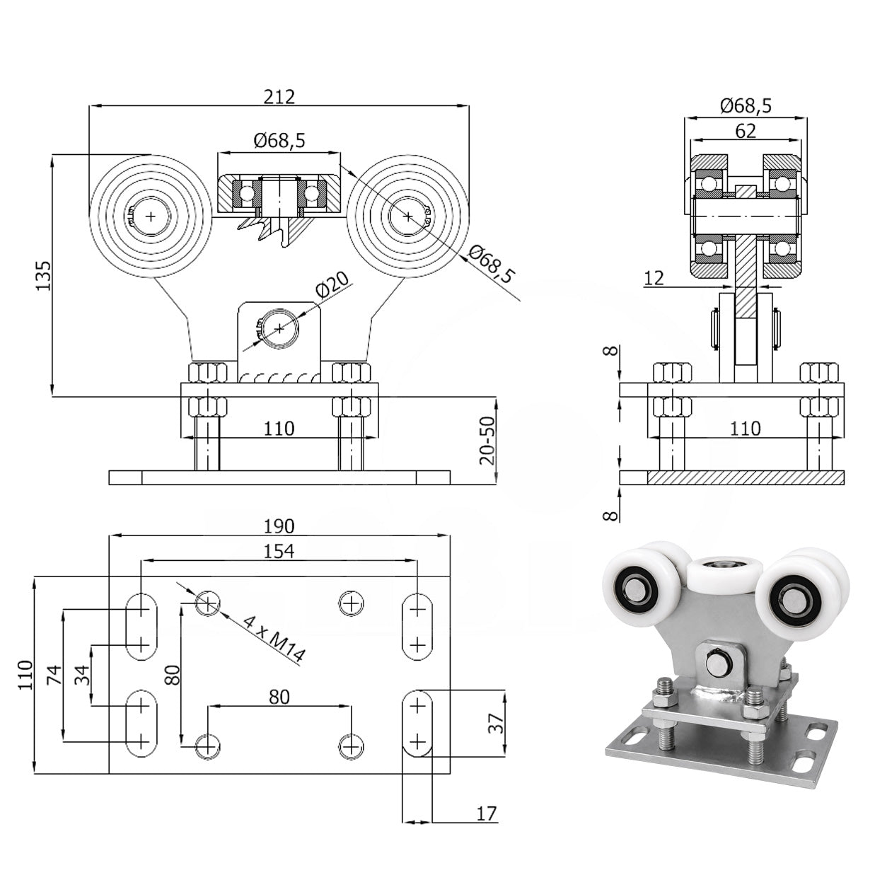 Torwagen für Schiebetore - für Profile 80 x 80 mm - Wandstärke 5 mm: WR-5T-80M