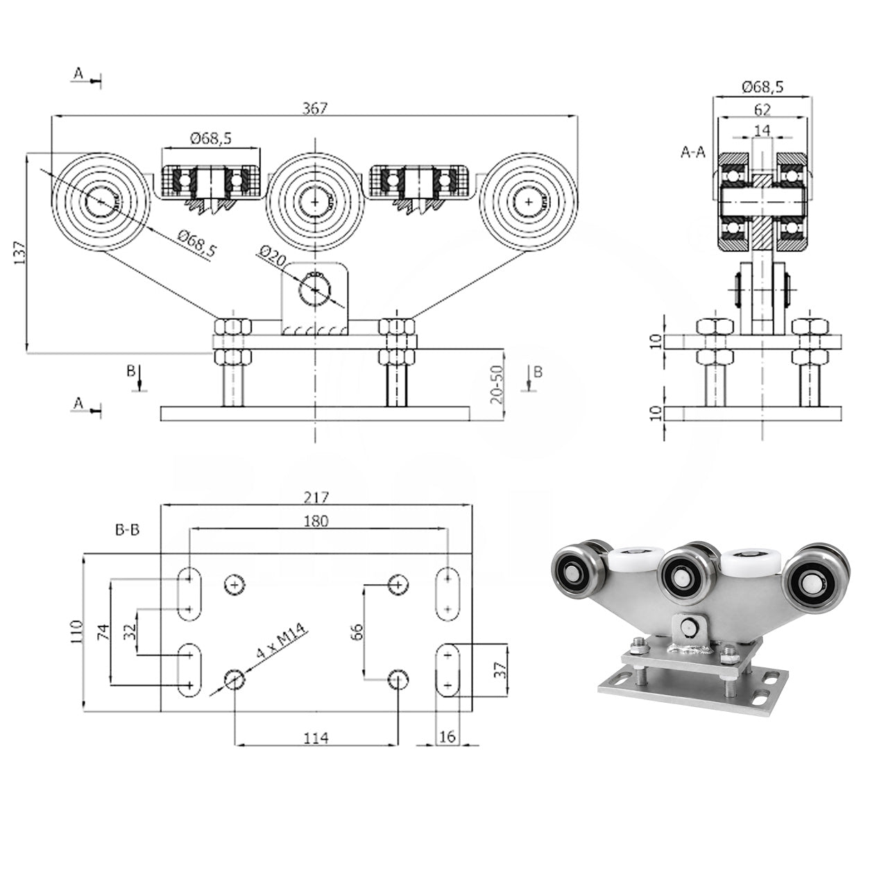 Torwagen für Schiebetore - für Profile 80 x 80 mm - Wandstärke 5 mm: WR-8M-80