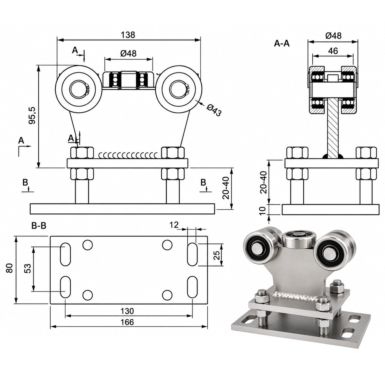 Torwagen für Schiebetore - für Profile 50x55 mm - Wandstärke 2,5 mm: R-5MM-50/55