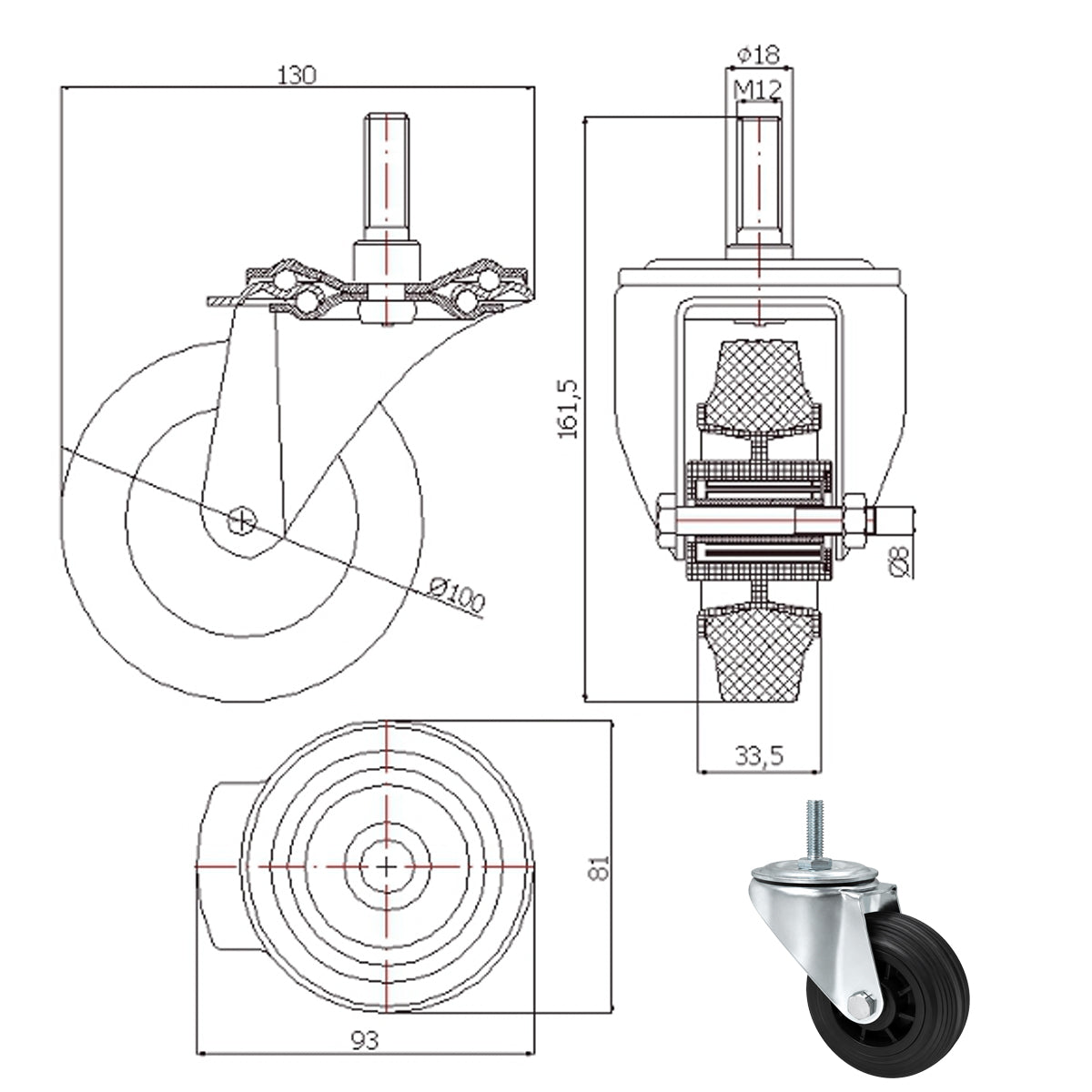 Kunststoff-Gummiräder mit Befestigungsstift Lenkrollen Ø100 mm Code: 14T*M12