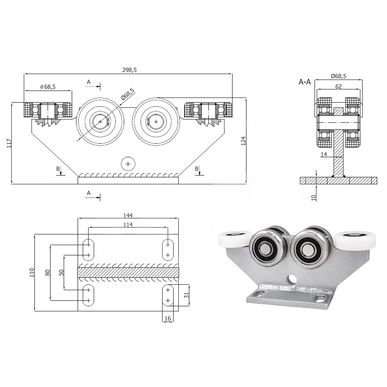 Torwagen für Schiebetore - für Profile 80 x 80 mm - Wandstärke 5 mm: 6M-80