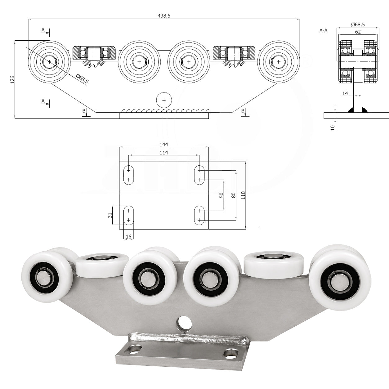 Torwagen für Schiebetore - für Profile 80 x 80 mm - Wandstärke 5 mm: 10T-80