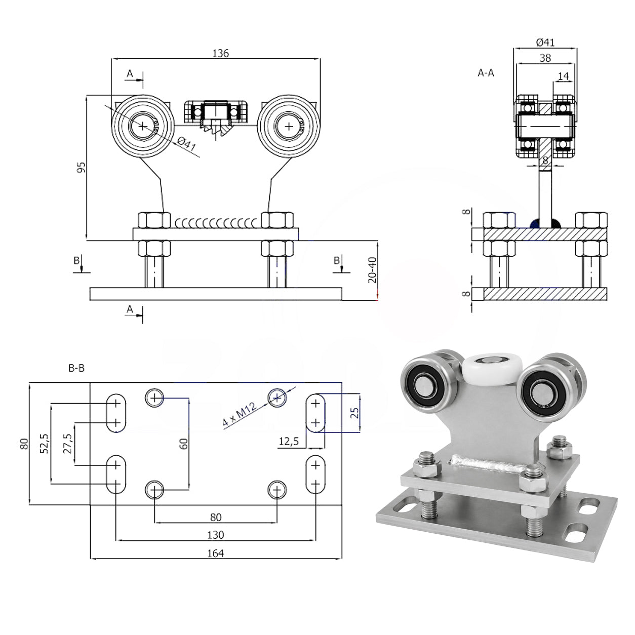 Torwagen für Schiebetore - für Profile 50 x 50 mm - Wandstärke 4 mm: R-5M-50/4