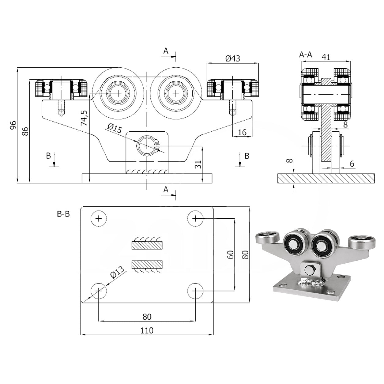 Torwagen für Schiebetore - für Profile 50x50 mm - Wandstärke 2,5 mm: W-6MM-50