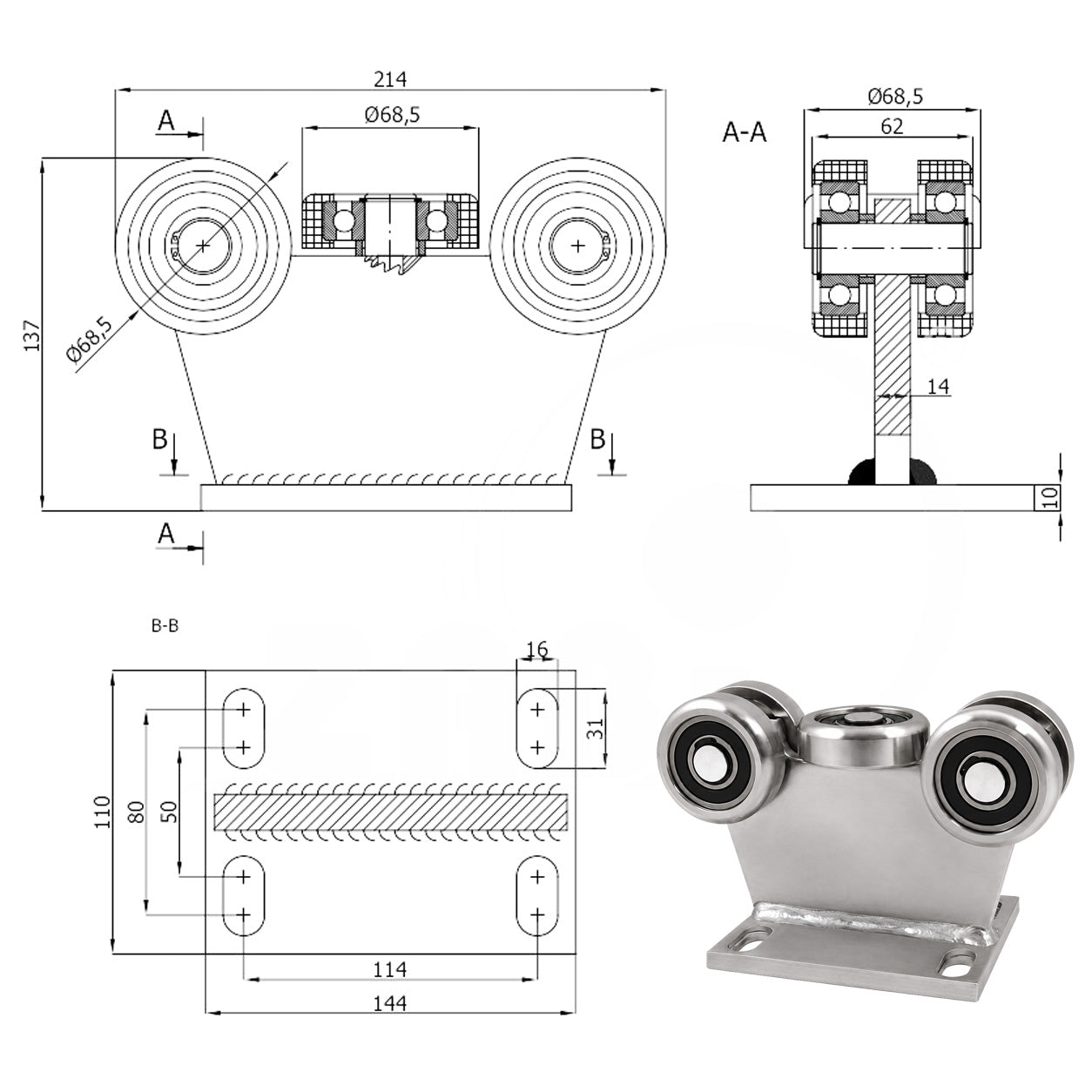 Torwagen für Schiebetore - für Profile 80 x 80 mm - Wandstärke 5 mm: 5MM-80
