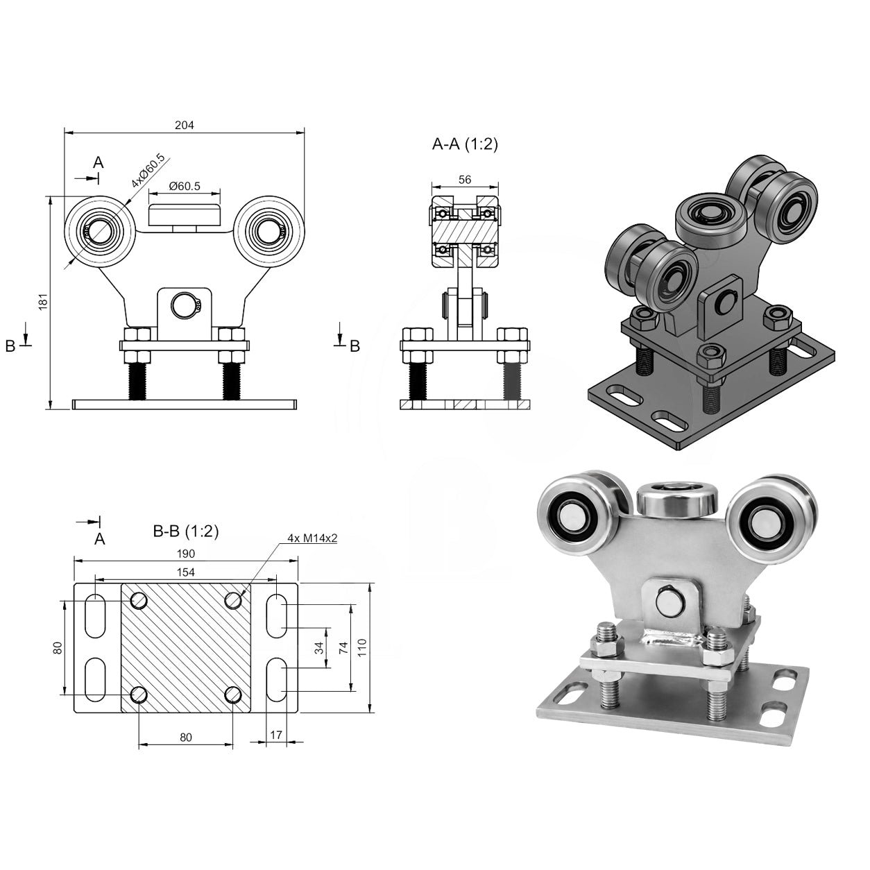 Torwagen für Schiebetore - für Profile 70 x 70 mm - Wandstärke 4 mm: WR-5MM-70M