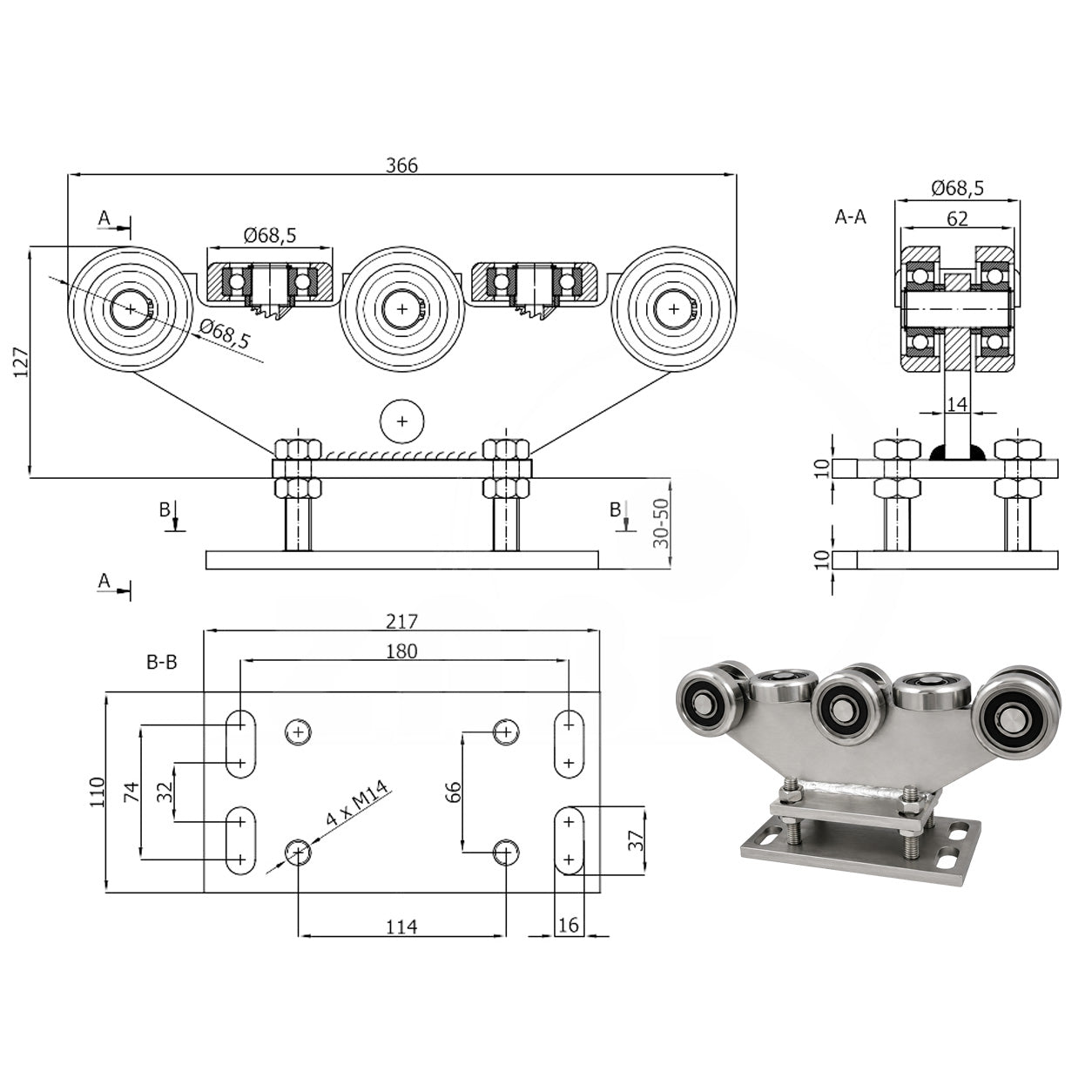 Torwagen für Schiebetore - für Profile 80 x 80 mm - Wandstärke 5 mm: R-8MM-80