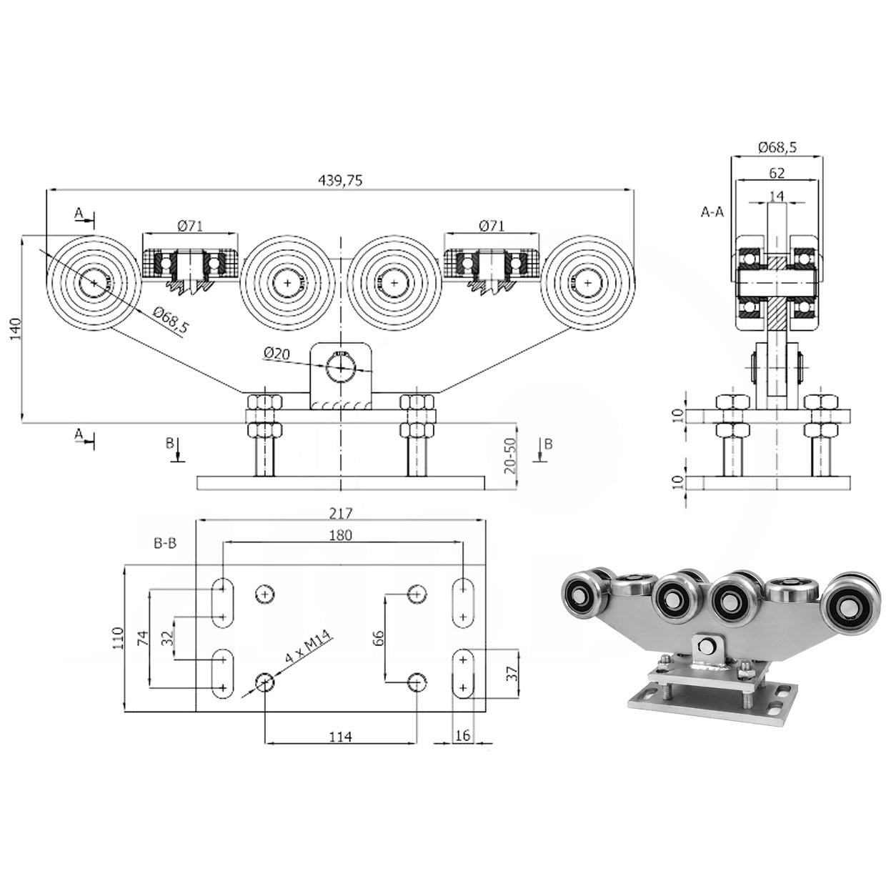 Torwagen für Schiebetore - für Profile 80 x 80 mm - Wandstärke 4 mm: WR-10MM-80/4