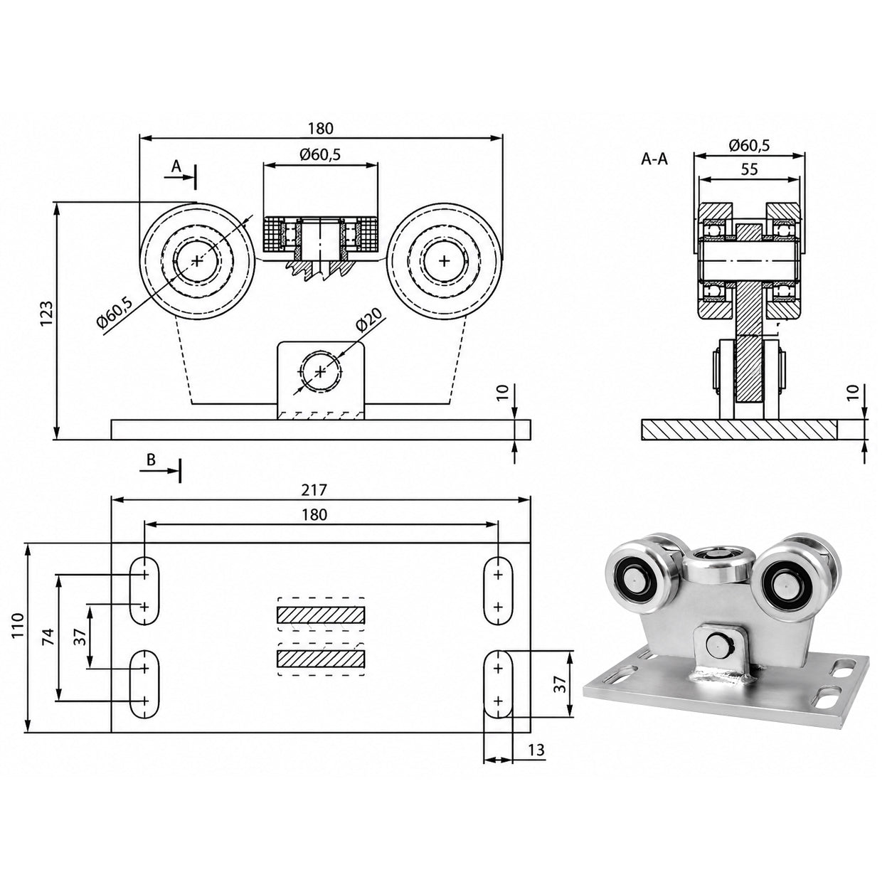 Torwagen für Schiebetore - für Profile 70 x 70 mm - Wandstärke 4 mm: W-5MM-70