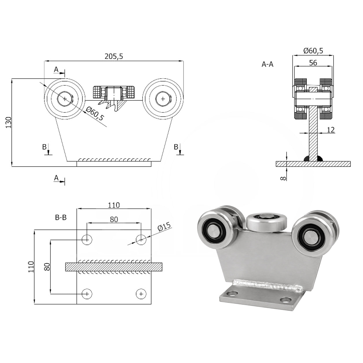 Torwagen für Schiebetore - für Profile 70 x 70 mm - Wandstärke 4 mm: 5MM-70M