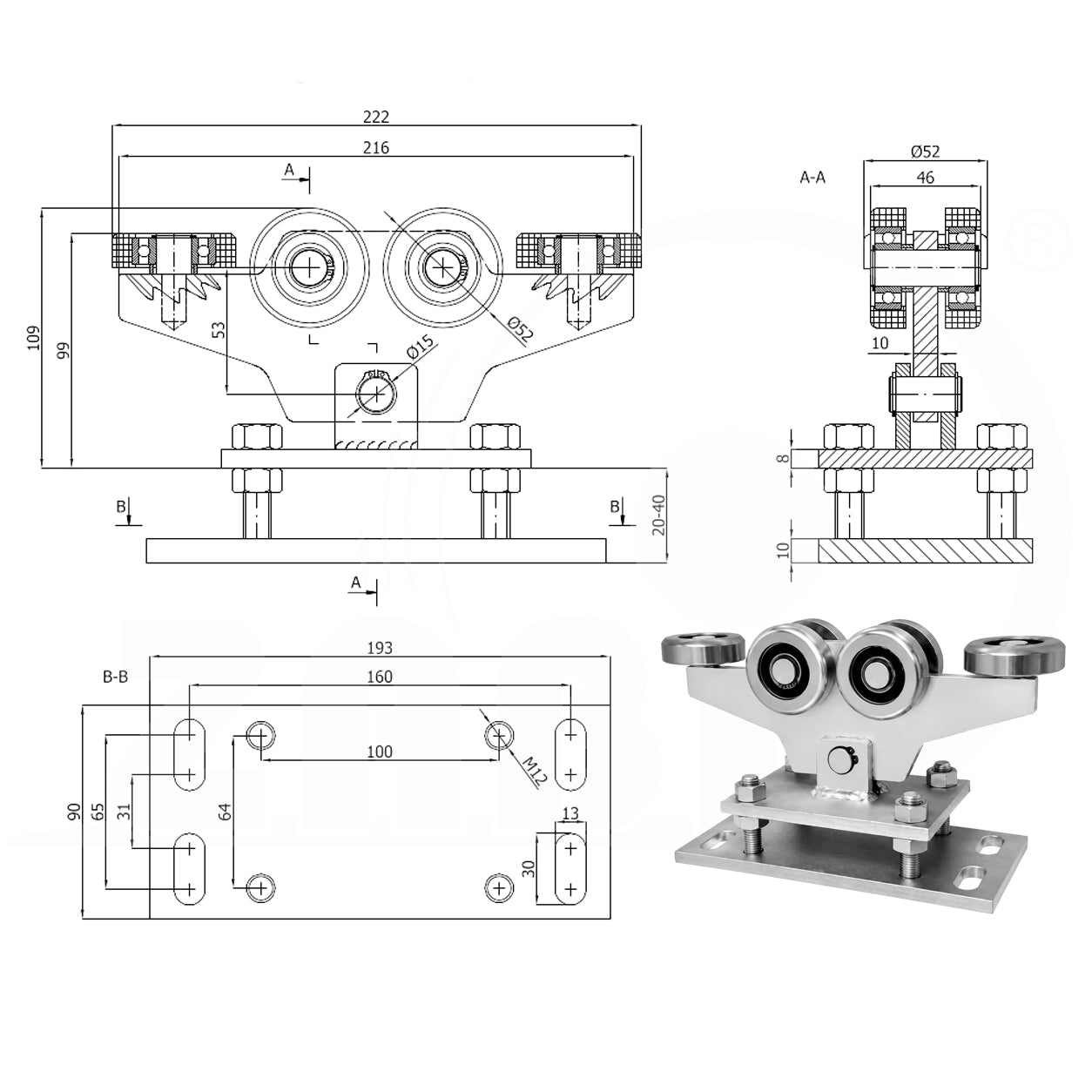 Torwagen für Schiebetore - für Profile 60 x 60 mm - Wandstärke 3 mm: WR-6MM-60