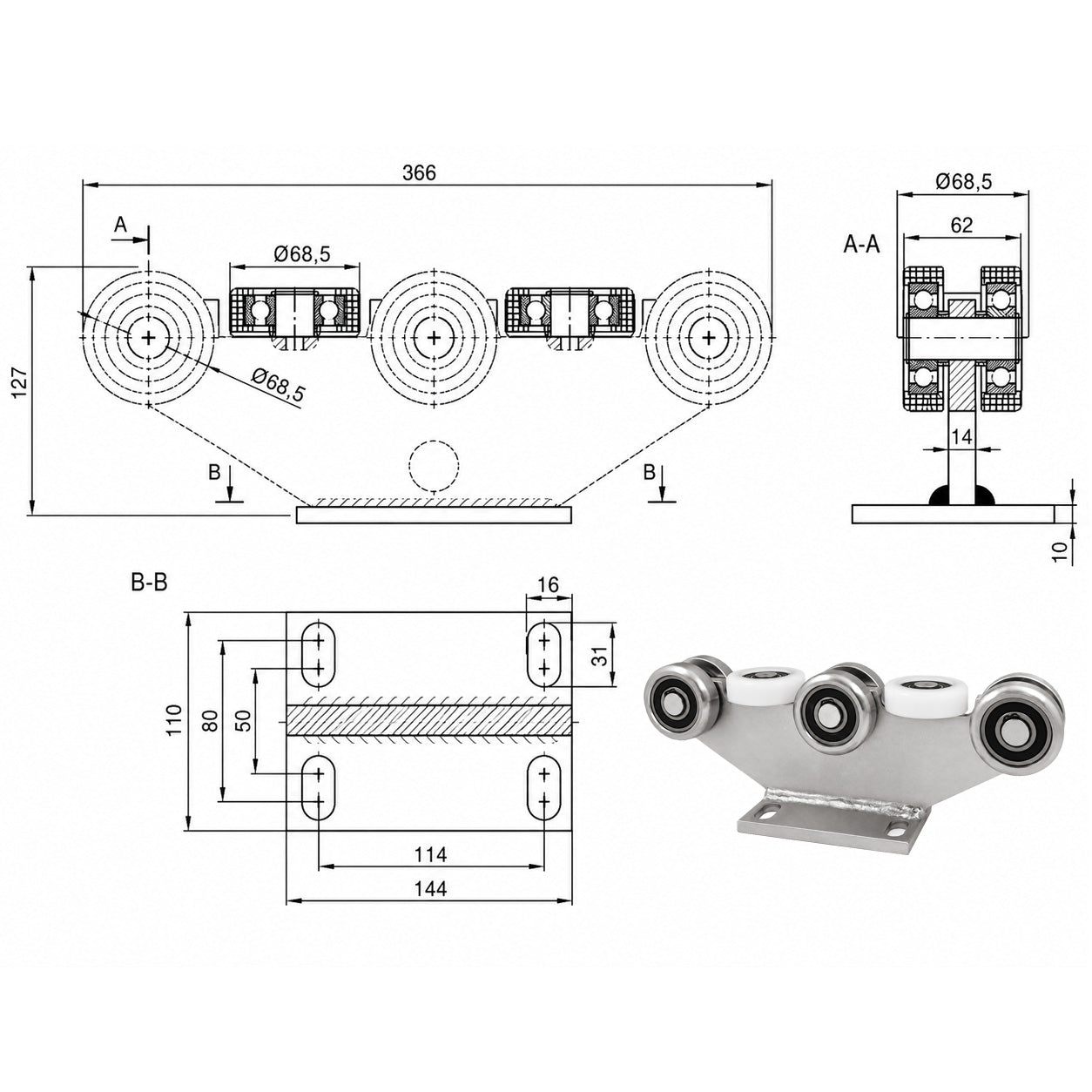 Torwagen für Schiebetore - für Profile 80 x 80 mm - Wandstärke 5 mm: 8M-80