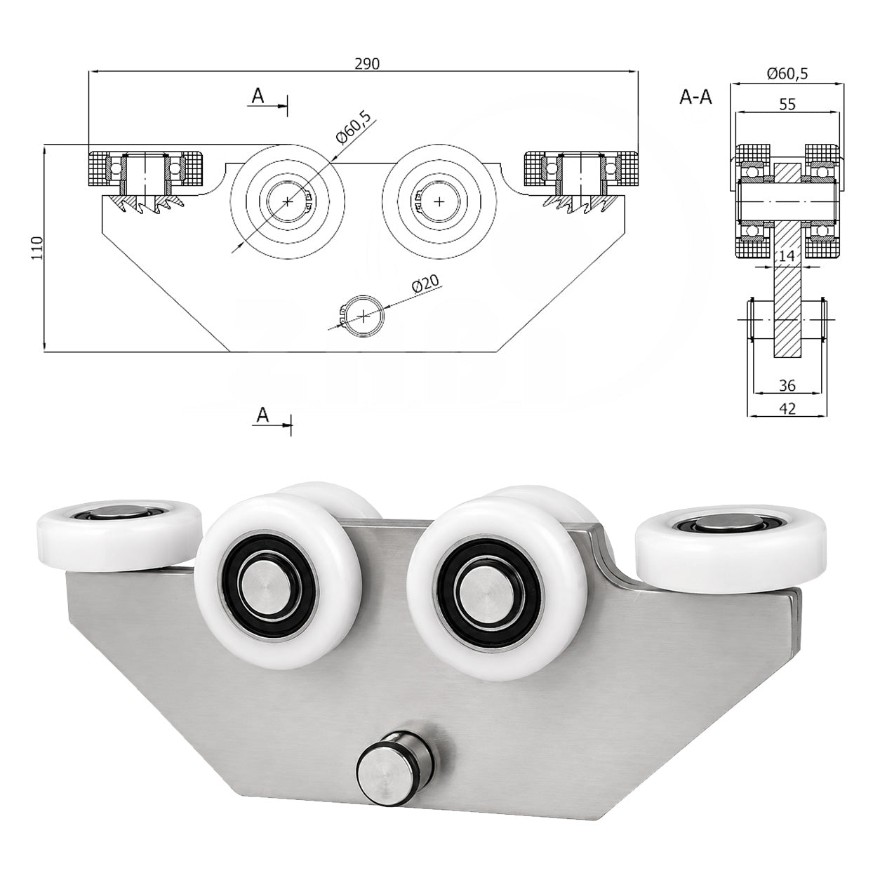 Torwagen für Schiebetore - für Profile 70 x 70 mm - Wandstärke 4 mm: WG-6T-70