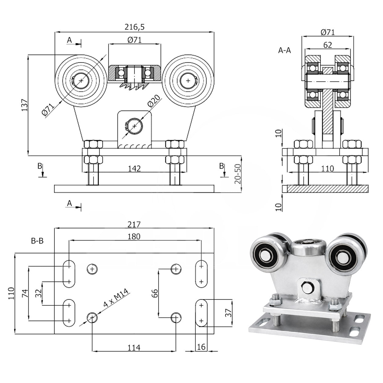 Torwagen für Schiebetore - für Profile 80 x 80 mm - Wandstärke 4 mm: WR-5MM-80/4
