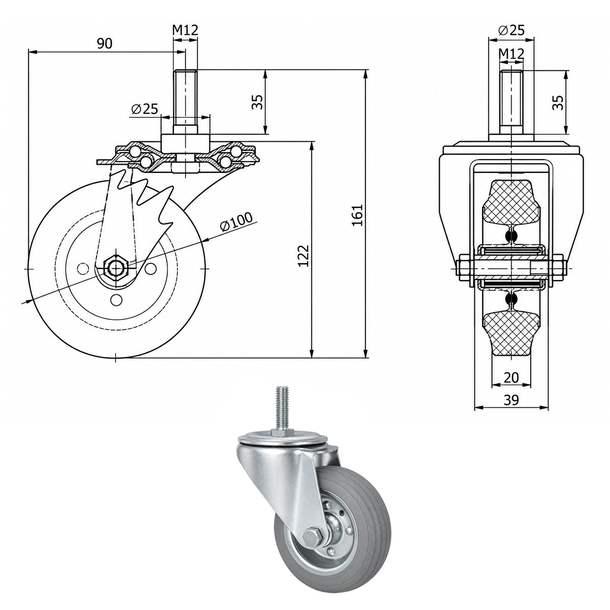 Metall-Gummiräder mit Befestigungsstift Lenkrollen Lenkrollen Ø100 mm Code: 14S*M12