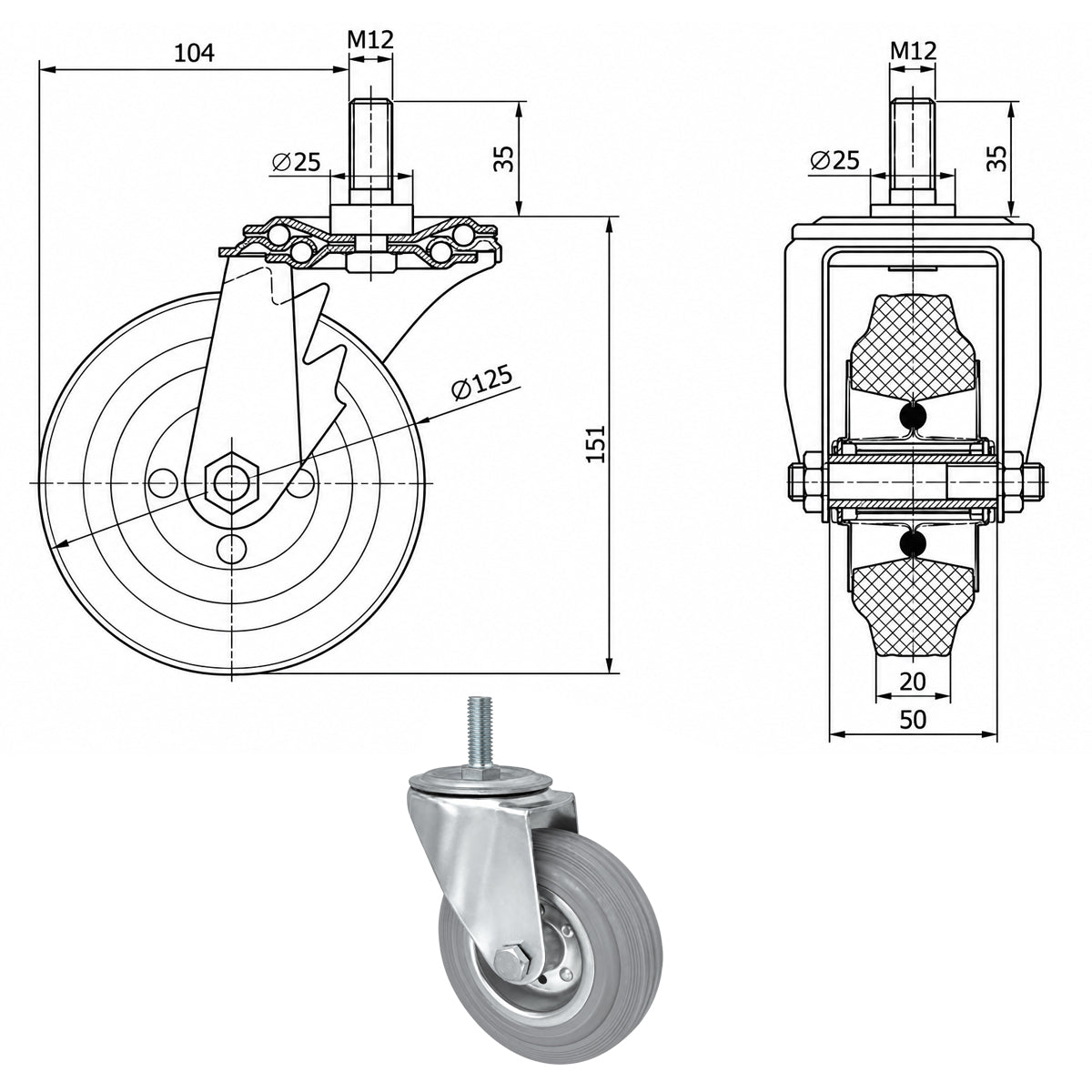 Metall-Gummiräder mit Befestigungsstift Lenkrollen Lenkrollen Ø125 mm Code: 24MS*M12