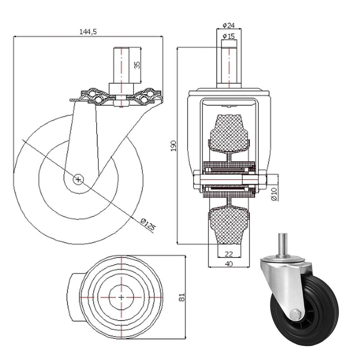 Kunststoff-Gummiräder mit Befestigungsstift Lenkrollen Ø125 mm Code: 24MT9*15
