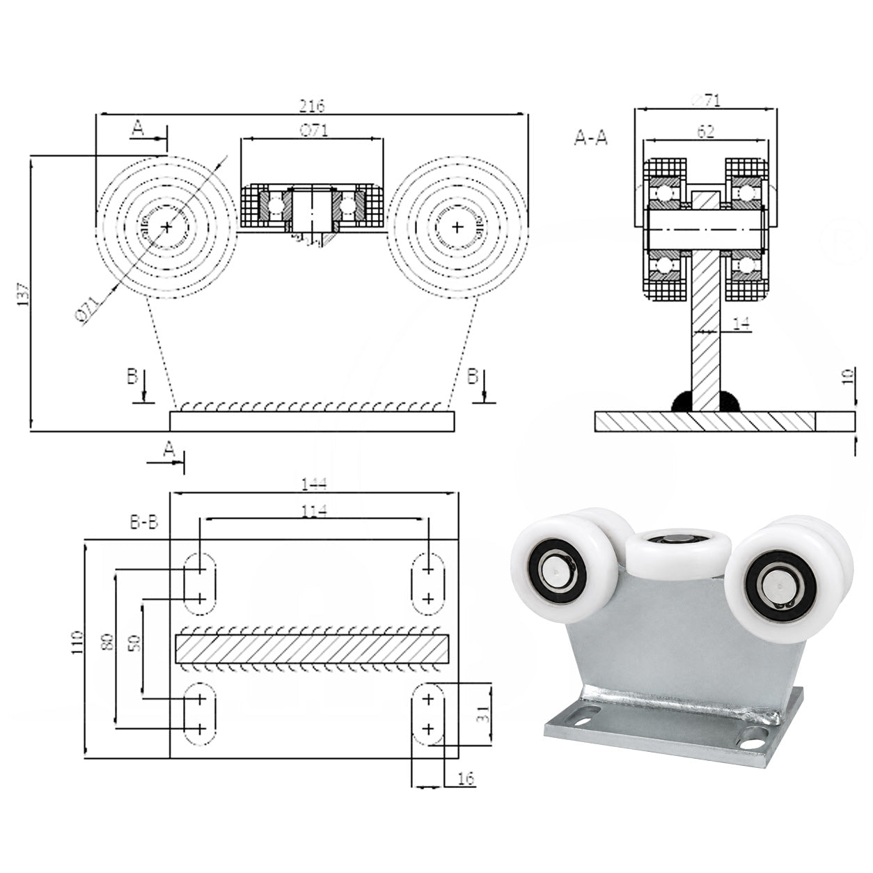 Torwagen für Schiebetore - für Profile 80 x 80 mm - Wandstärke 4 mm: 5T-80/4