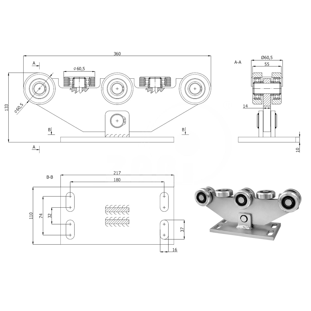 Torwagen für Schiebetore - für Profile 70 x 70 mm - Wandstärke 4 mm: W-8MM-70