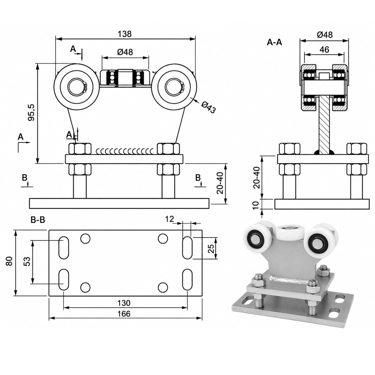 Torwagen für Schiebetore - für Profile 50x55 mm - Wandstärke 2,5 mm: R-5T-50/55