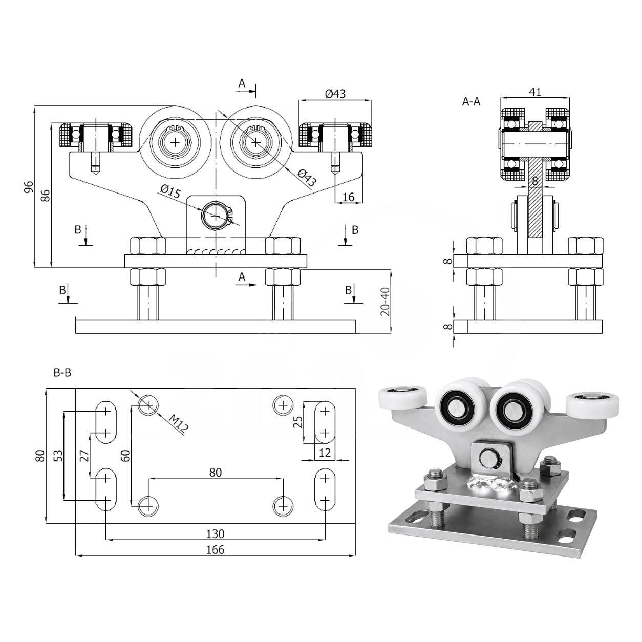 Torwagen für Schiebetore - für Profile 50x50 mm - Wandstärke 2,5 mm: WR-6T-50