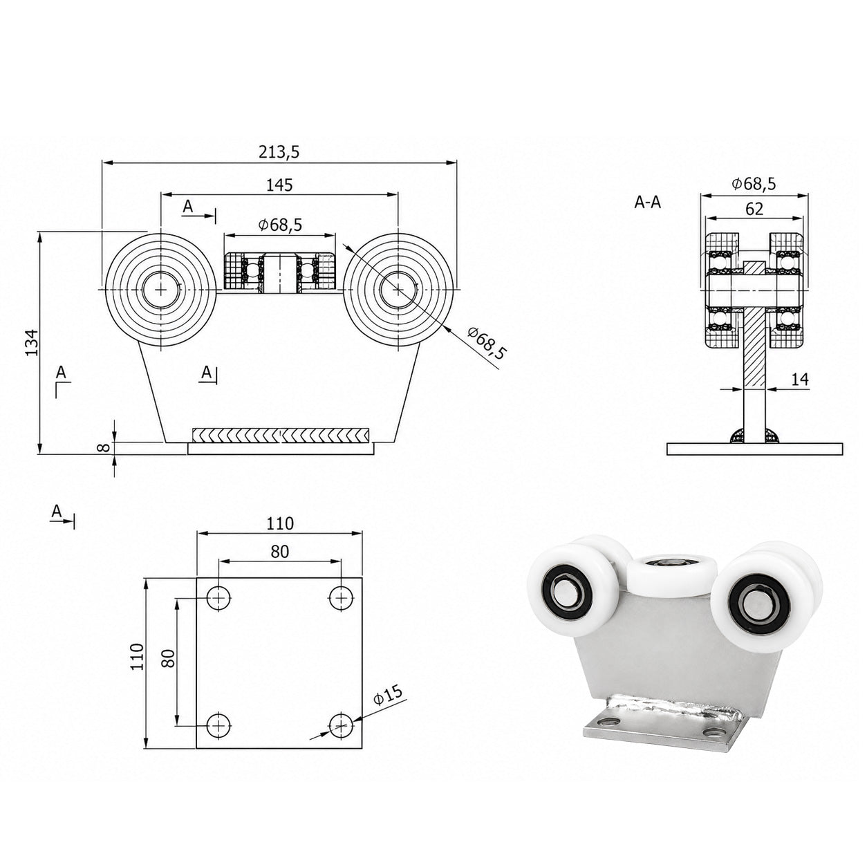 Torwagen für Schiebetore - für Profile 80 x 80 mm - Wandstärke 5 mm: 5T-80M