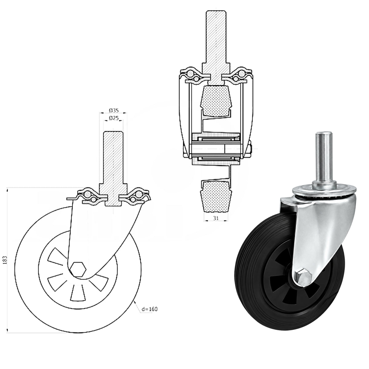 Kunststoff-Gummiräder mit Befestigungsstift Lenkrollen Ø160 mm Code: 44T*25