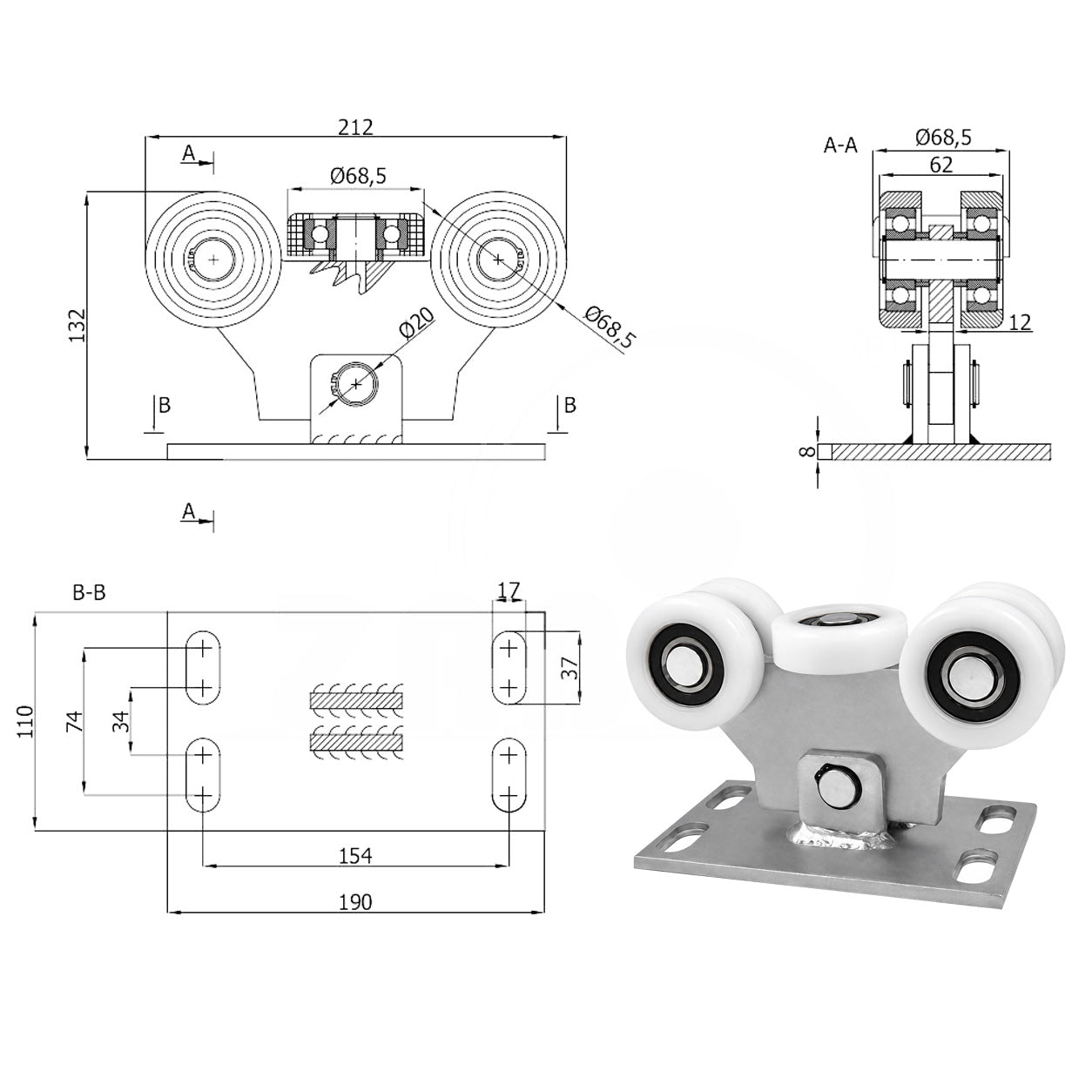 Torwagen für Schiebetore - für Profile 80 x 80 mm - Wandstärke 5 mm: W-5T-80M