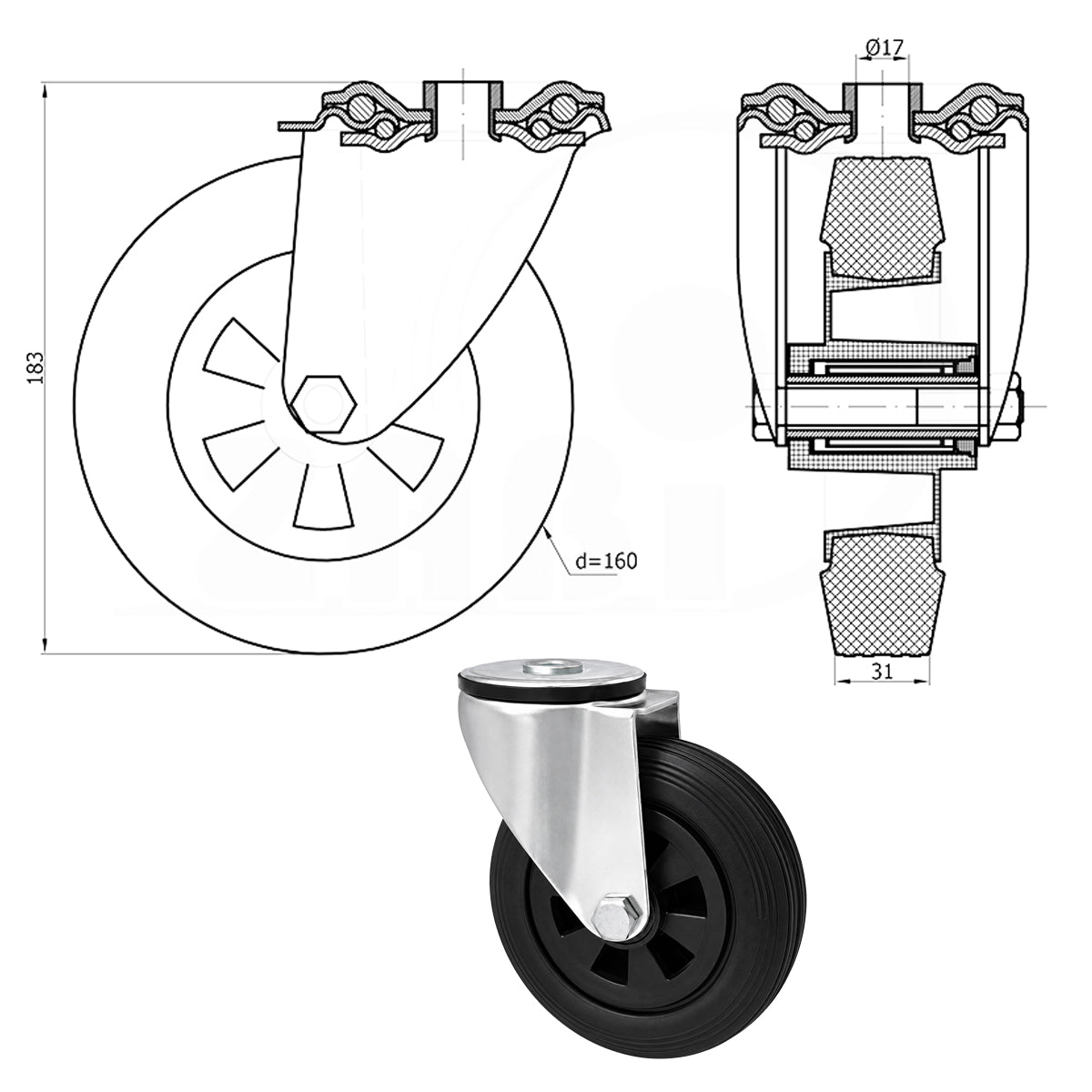 Kunststoff-Gummiräder mit Befestigungsstift mit Zentralbohrung Ø160 mm Code: 47T