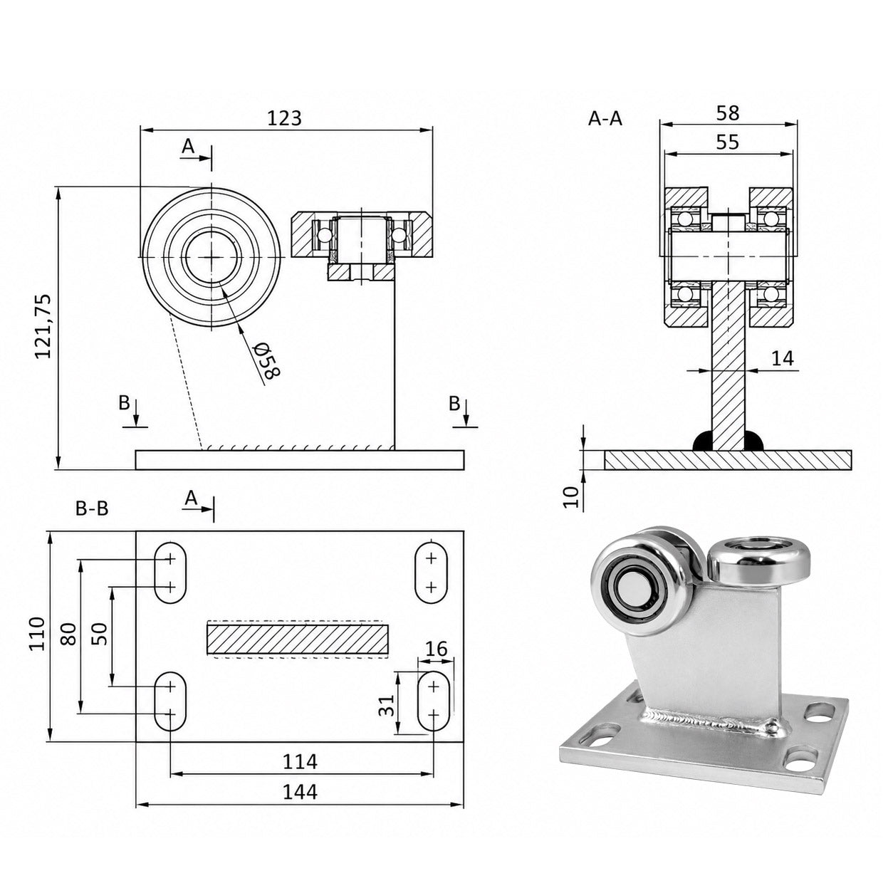 Torwagen für Schiebetore bis 180 °C – für Profile 70 × 70 mm – Wandstärke 4 mm: 3MM-70E