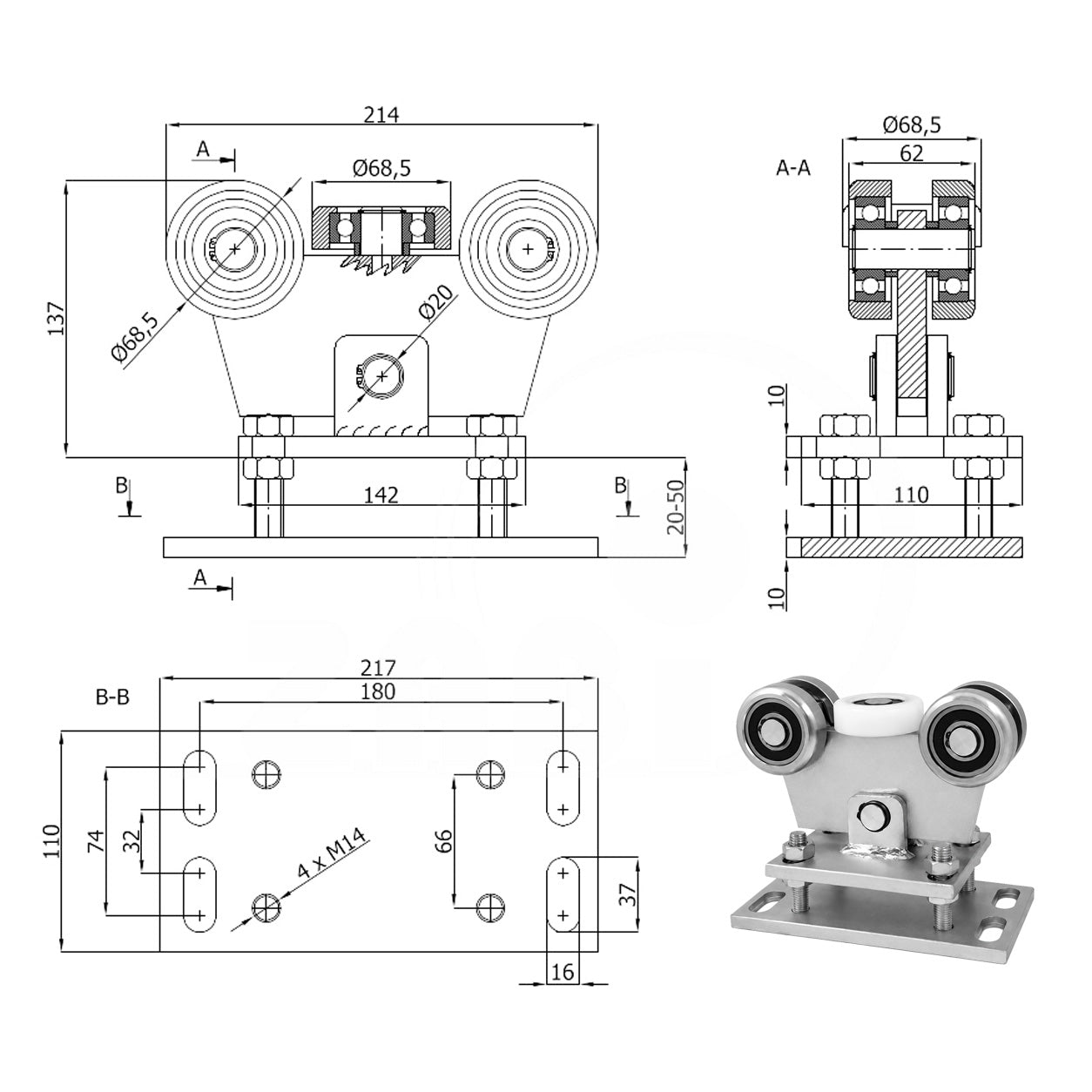 Torwagen für Schiebetore - für Profile 80 x 80 mm - Wandstärke 5 mm: WR-5M-80