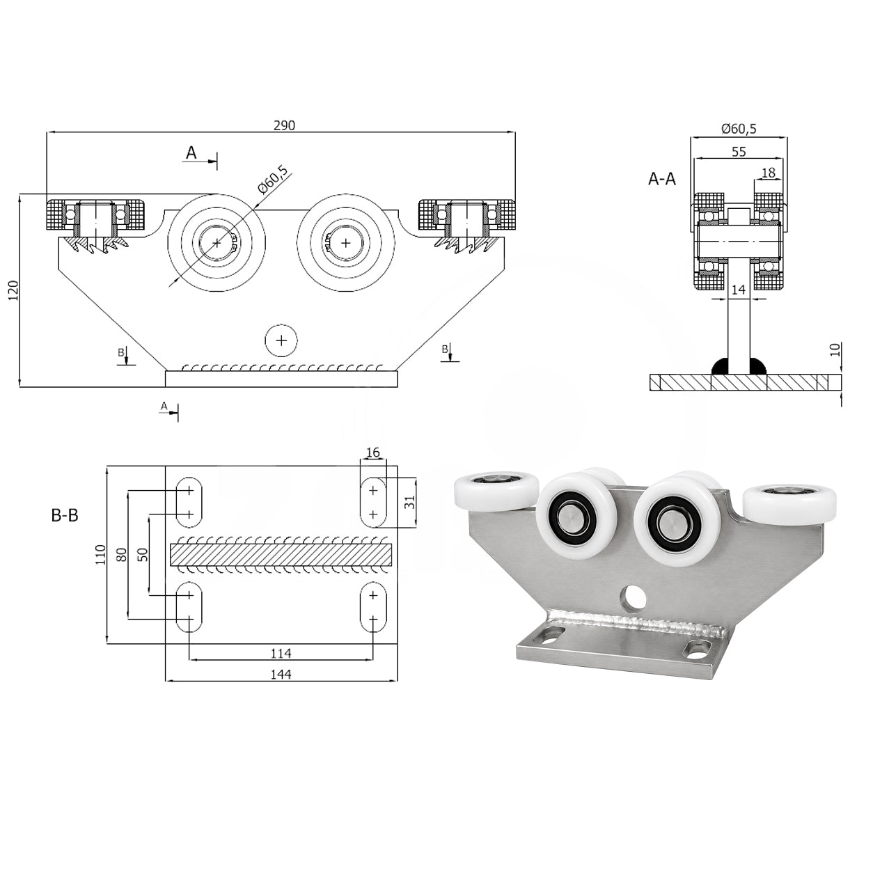 Torwagen für Schiebetore - für Profile 70 x 70 mm - Wandstärke 4 mm: 6T-70
