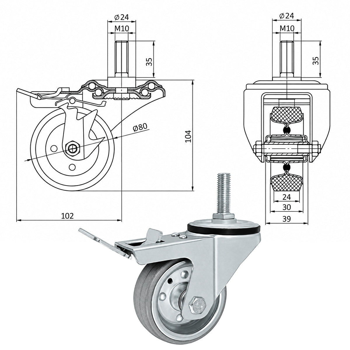Metall-Gummiräder mit Befestigungsstift und Bremse Lenkrollen  Ø80 mm Code: 7SH*M10
