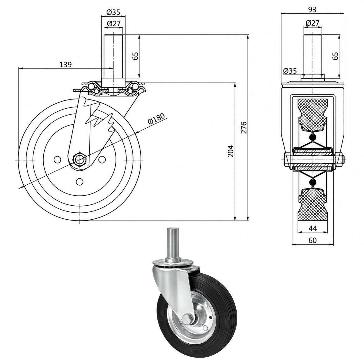 Metall-Gummiräder mit Befestigungsstift Lenkrollen  Ø180 mm Code: 54*27