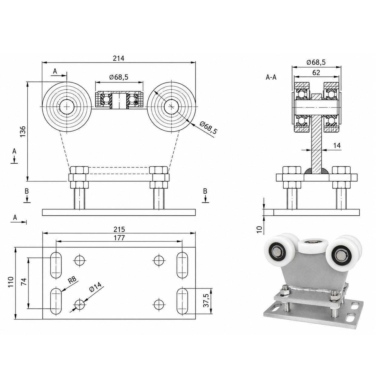 Torwagen für Schiebetore - für Profile 80 x 80 mm - Wandstärke 5 mm: R-5T-80