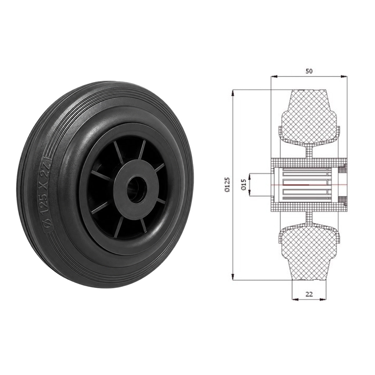 Vollgummi Rad Ø 125 mm mit Polypropylen-Felge Industrie Gummirad Code: 20T