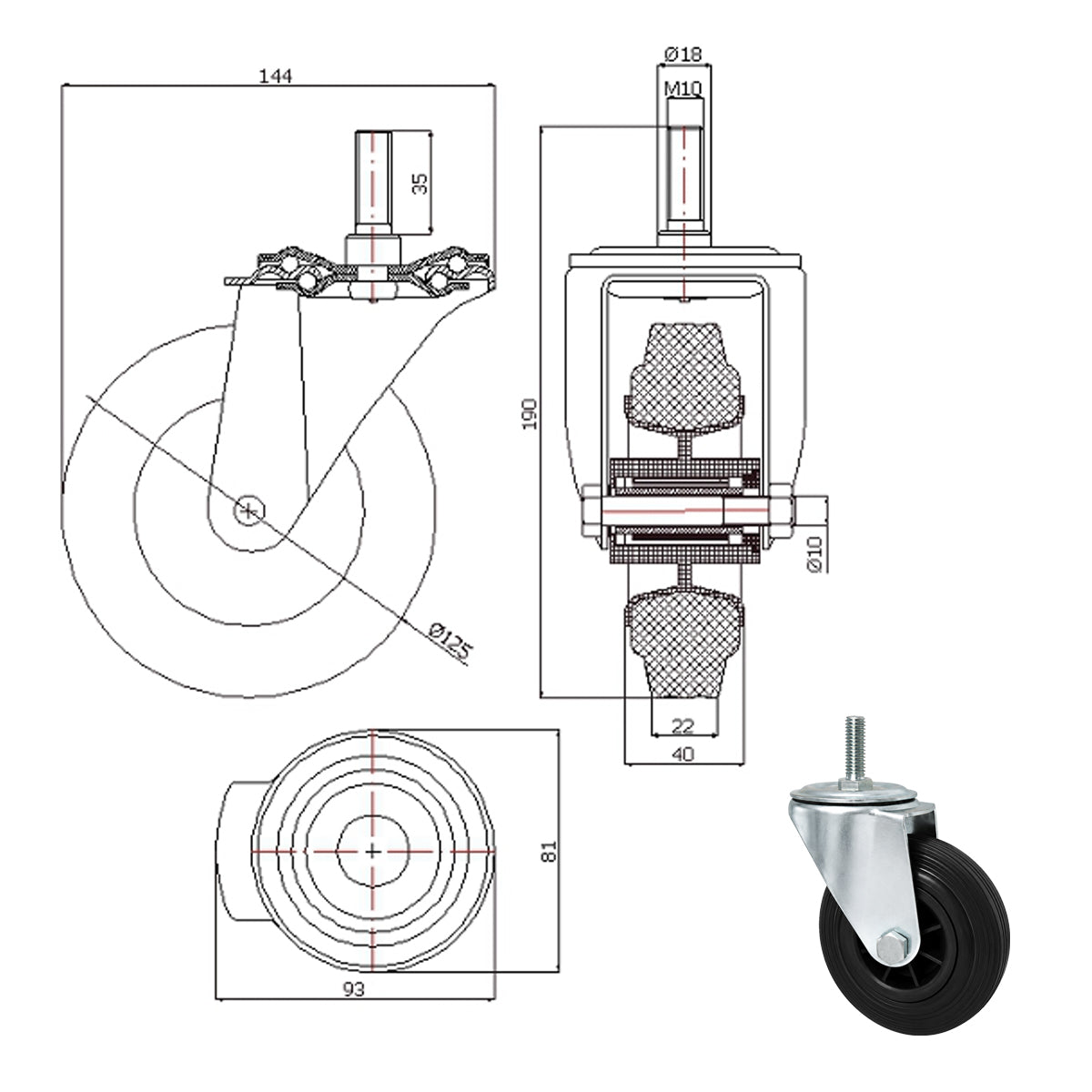 Kunststoff-Gummiräder mit Befestigungsstift Lenkrollen Ø125 mm Code: 24MT9*M10
