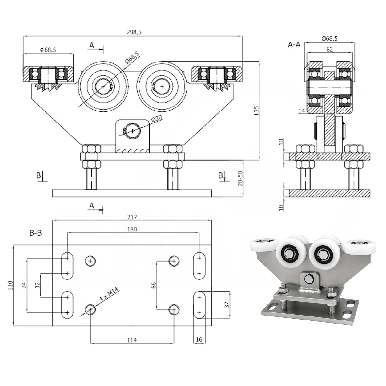 Torwagen für Schiebetore - für Profile 80 x 80 mm - Wandstärke 5 mm: WR-6T-80