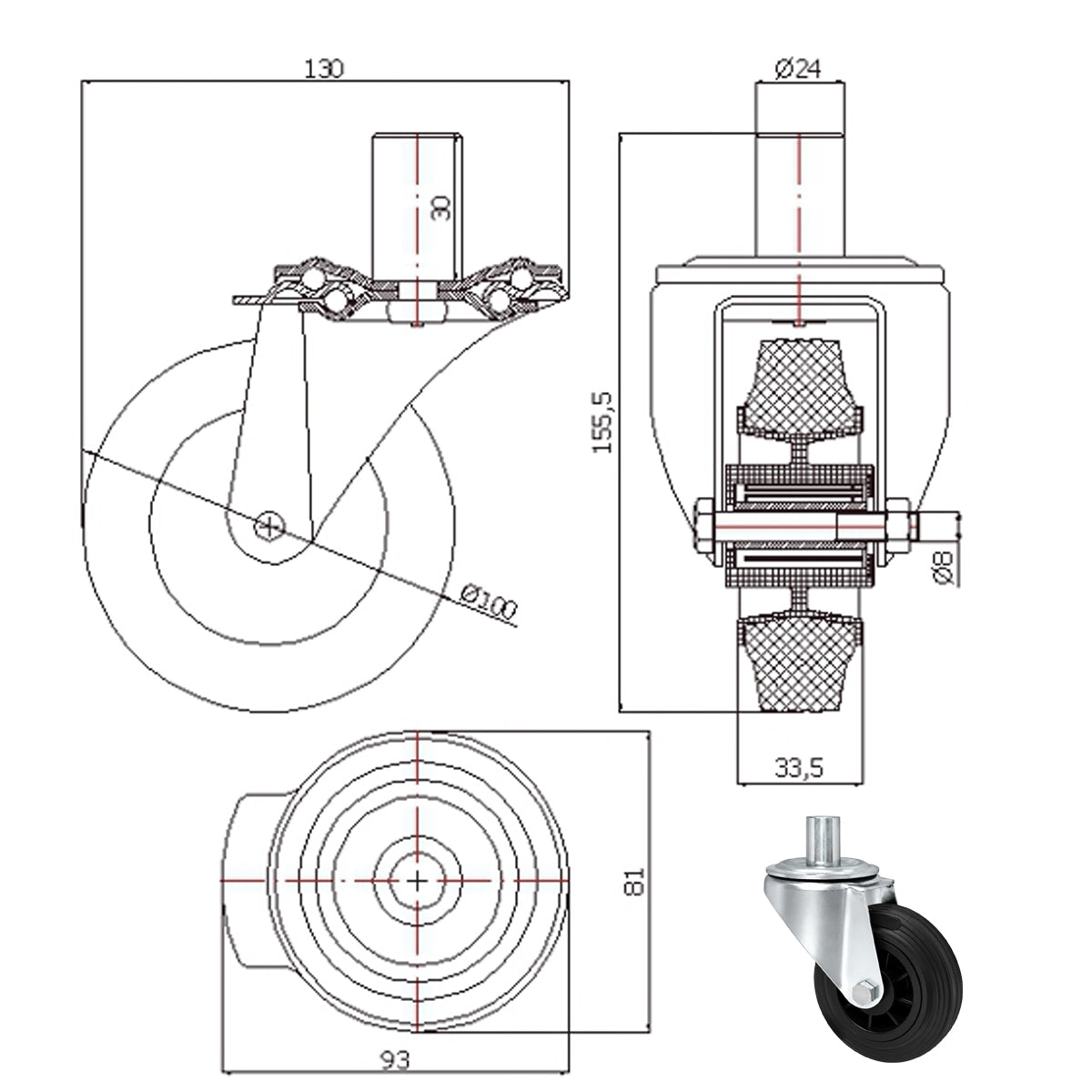 Kunststoff-Gummiräder mit Befestigungsstift Lenkrollen Ø100 mm Code: 14T9*24